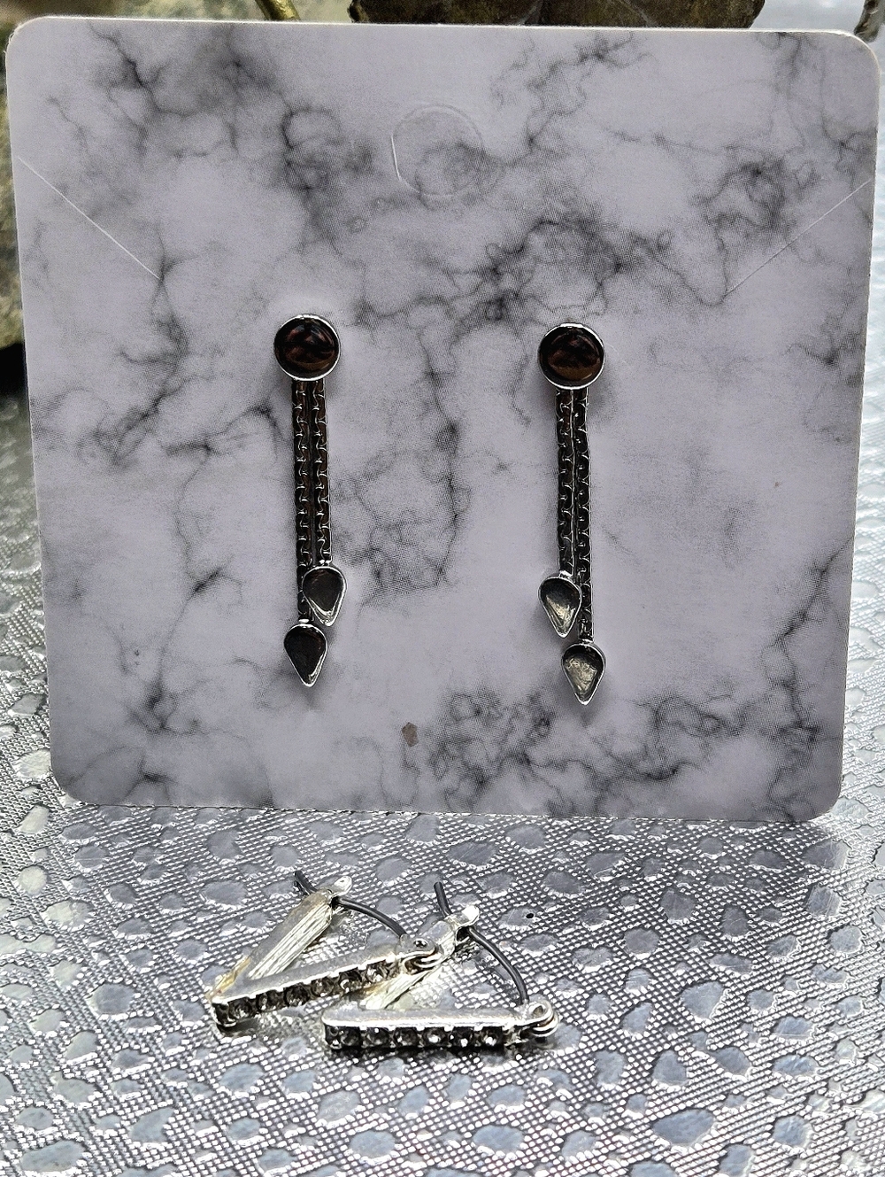 "5/$25" Set Of 2 Silvetone Edgy Fashion Earrings Dangle Post/Rhineston Hoops